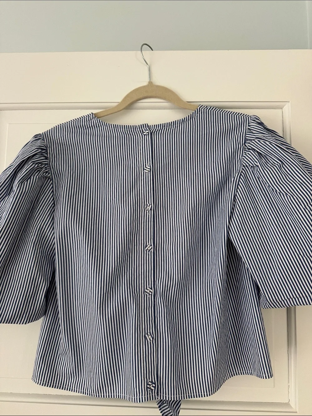 Anthropologie Blue and White Striped Tie-Front Puff Sleeve Blouse